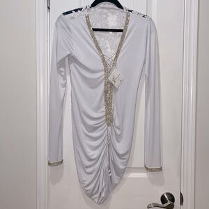 Swarovski crystal LS White lace plunging white dress w gold metallic trim